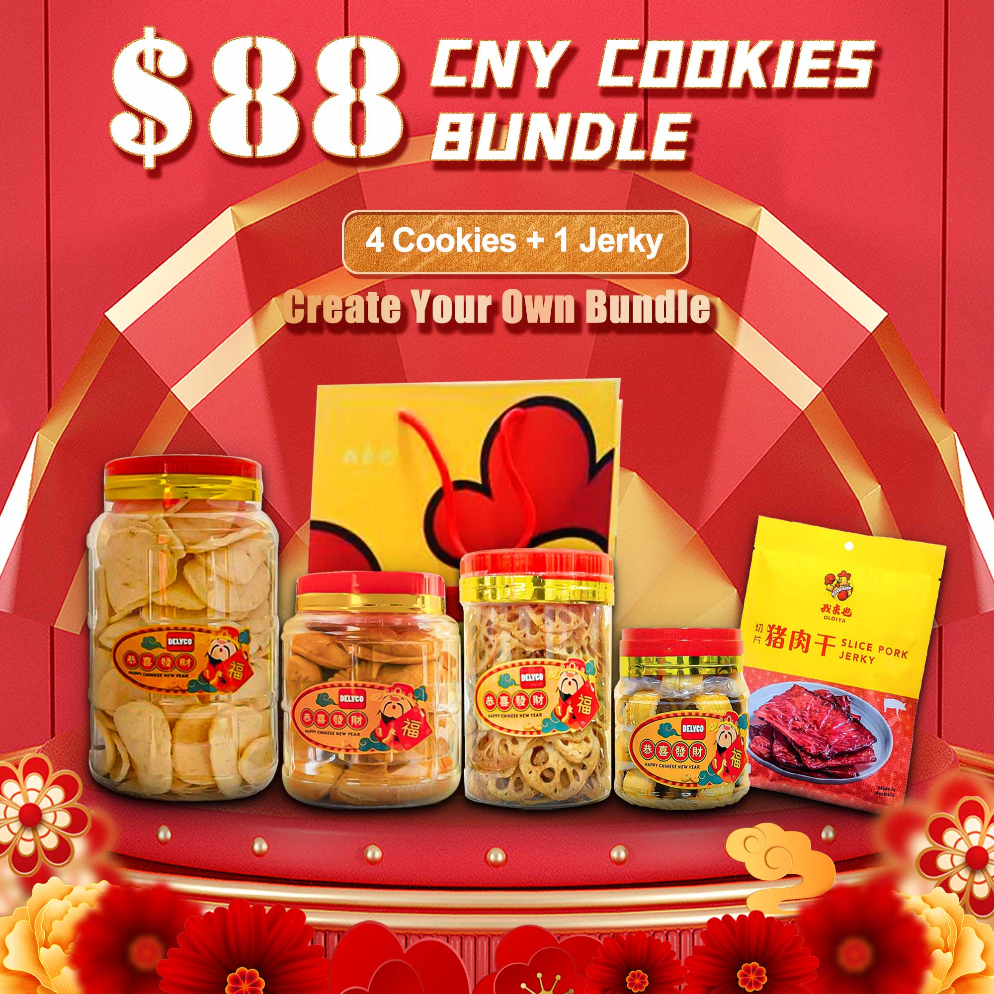 Chinese New Year Treats – 4 Cookies + 1 Jerky Bundle $88