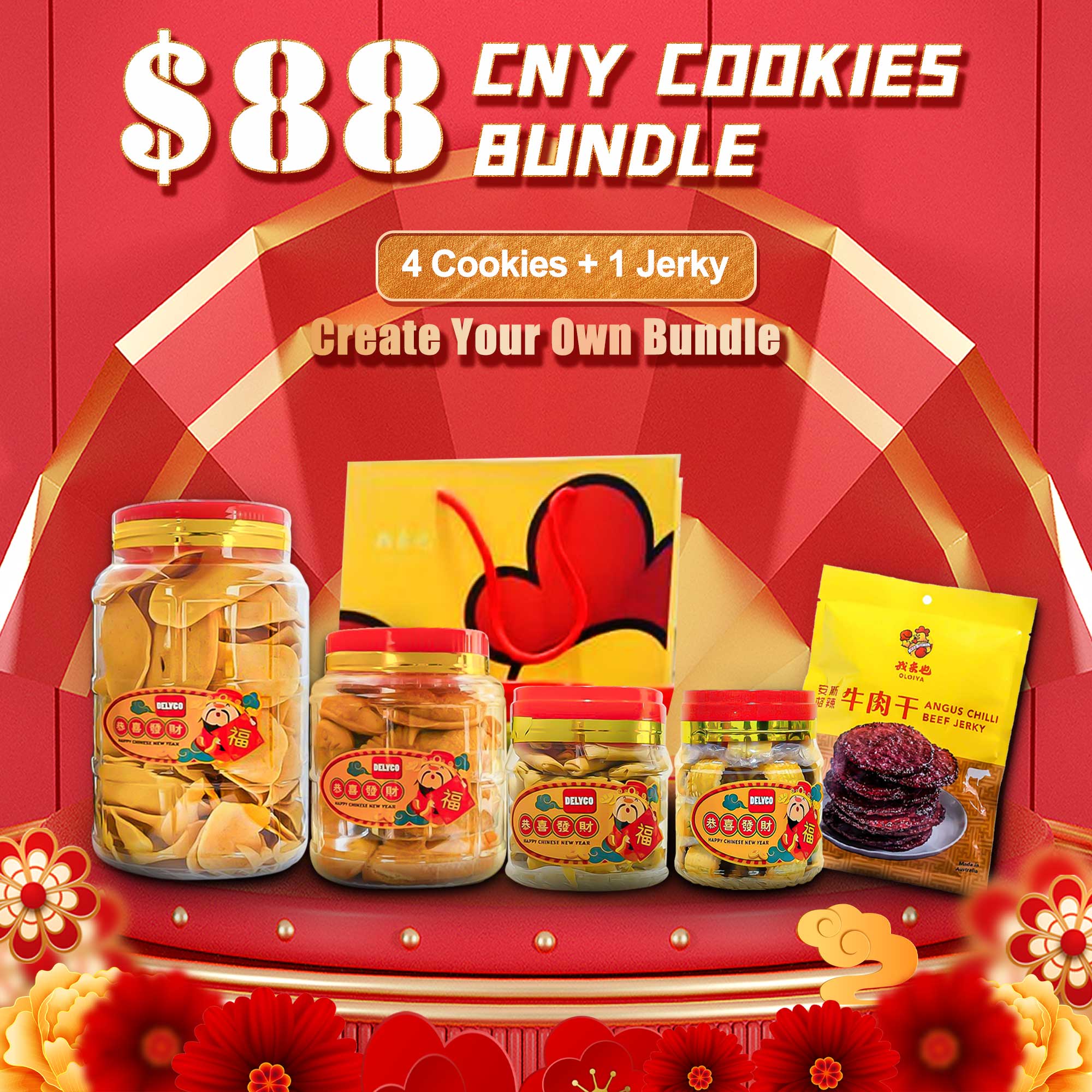 Chinese New Year Bundle – 4 Cookies + 1 Jerky $88