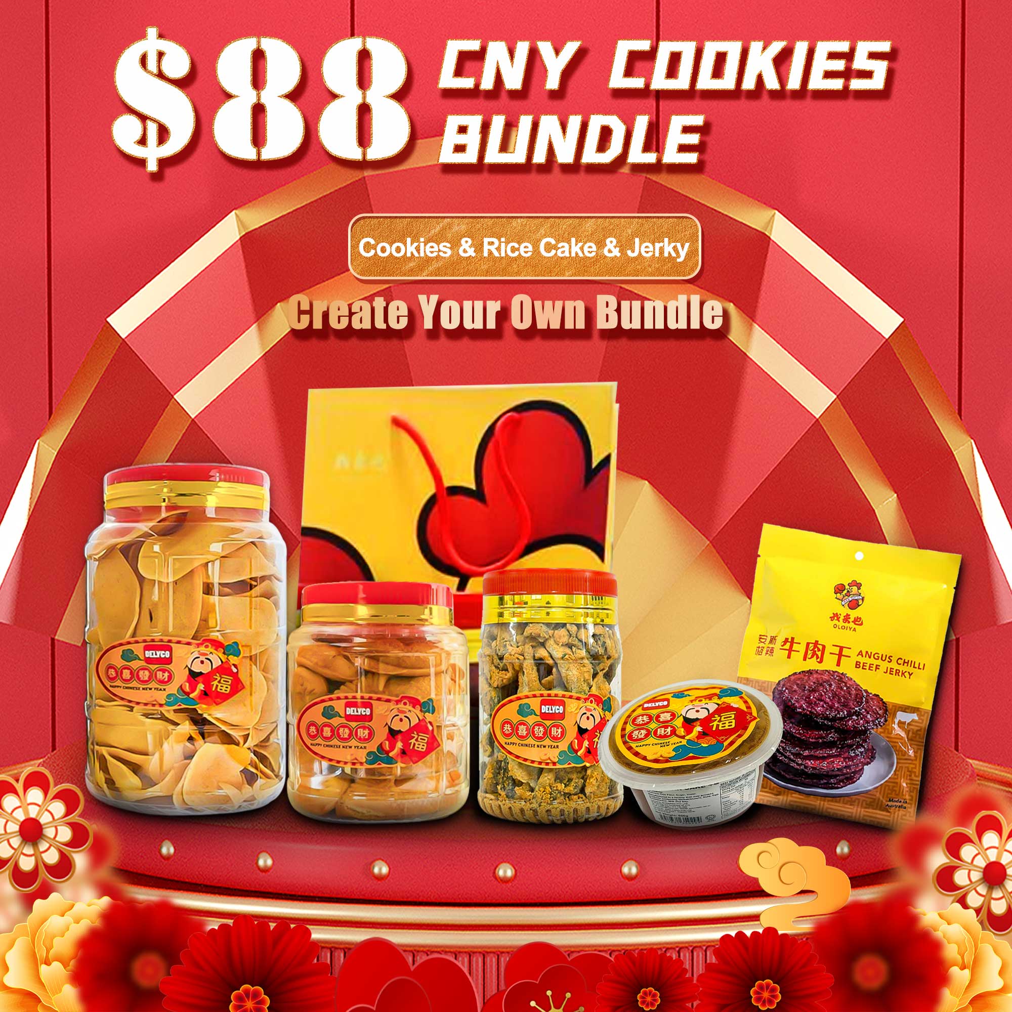 Chinese New Year Treats – 3 Cookies + Rice Cake +1 Jerky Bundle $88