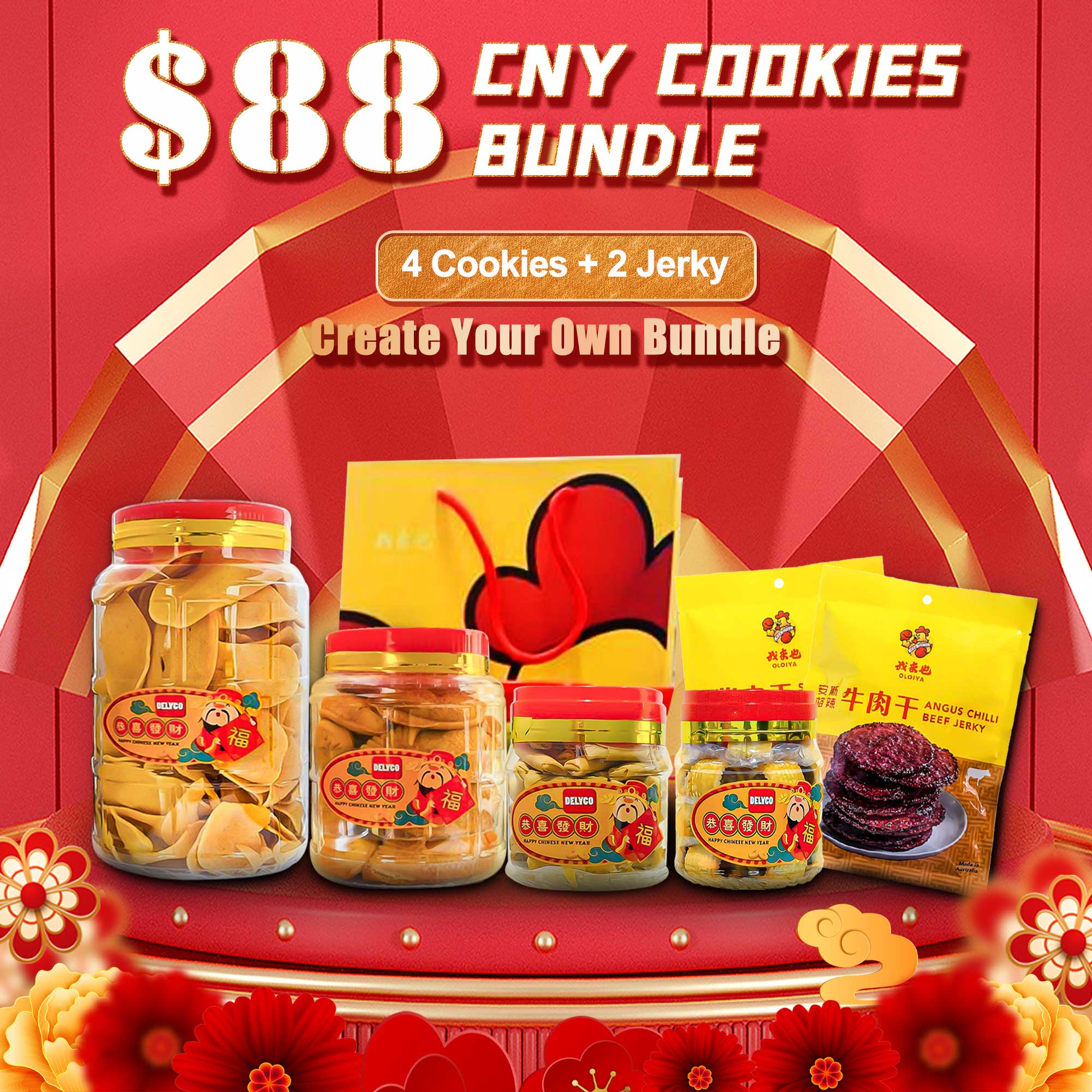 Chinese New Year Treats – 4 Cookies + 2 Jerky Bundle $88