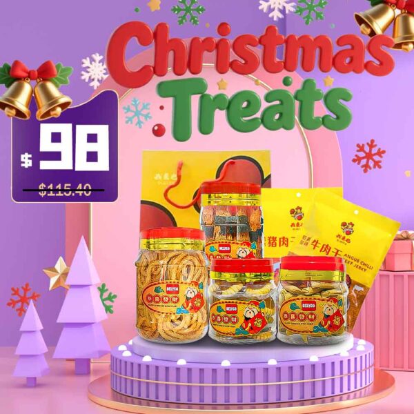 Christmas snack and jerky gift set with assorted crispy snack jars, jerky packs, and a festive gift bag