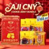 Aji Chinese New Year Snack Box with cookies, crispy candies, and 6 packs of meat jerky – perfect Lunar New Year gift for family and friends