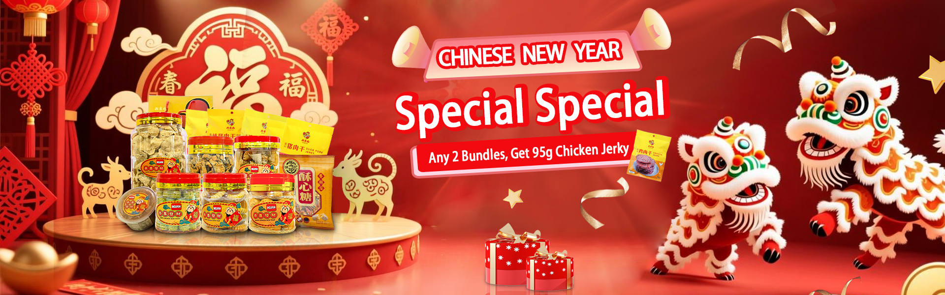 Chinese New Year snack gift set with assorted biscuits, dried meat jerky and festive candies in red lucky packaging