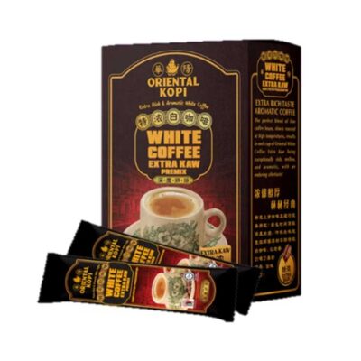 Close-up of Extra Kaw White Coffee sachet - Premium Arabica & Robusta coffee beans for an extra-rich, aromatic taste